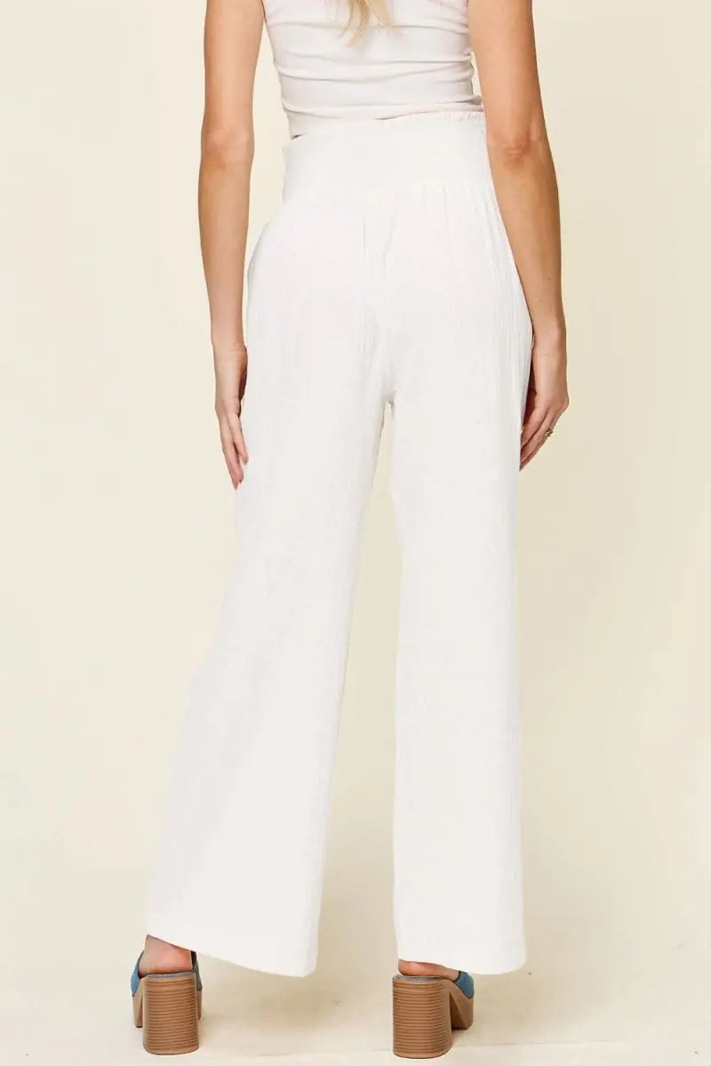 Double Take Full Size Texture Smocked Waist Wide Leg Pants - Sleekdenim.com