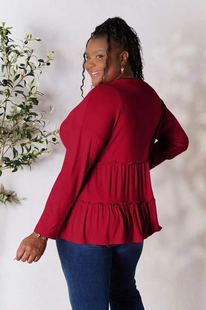 Double Take Half Button Long Sleeve Ruffle Hem Blouse - Sleekdenim.com