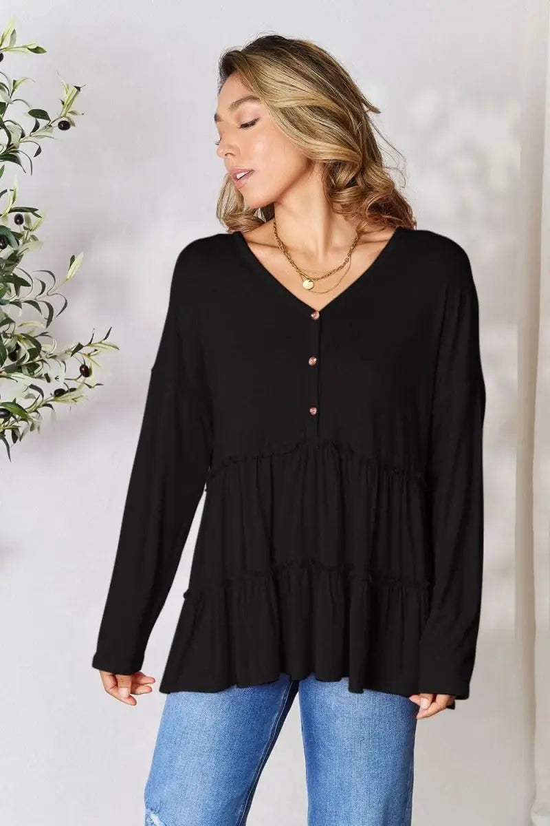 Double Take Half Button Long Sleeve Ruffle Hem Blouse - Sleekdenim.com