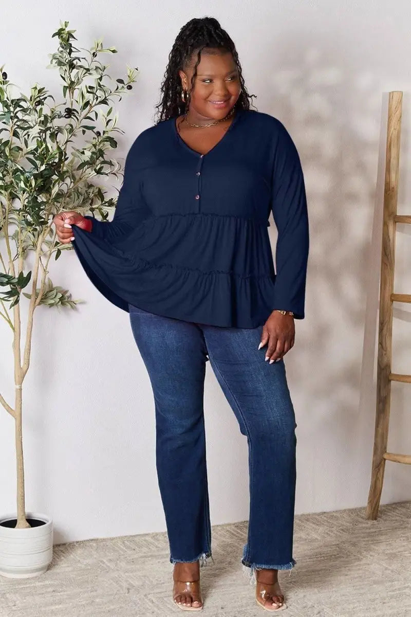 Double Take Half Button Long Sleeve Ruffle Hem Blouse - Sleekdenim.com