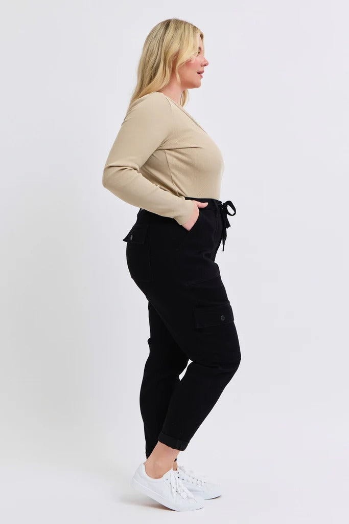 Judy Blue High Waist Cargo Cuff Black Jogger Denim Jeans 88910– sleekdenim.com | Sleekdenim.com