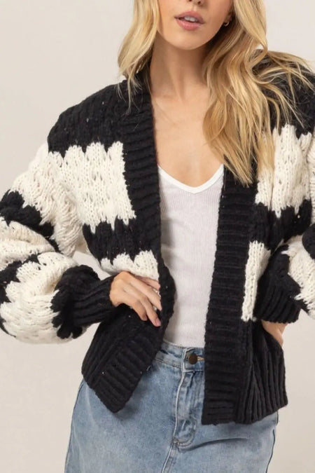 HYFVE Scallop Striped Open Front Long Sleeve Sweater Cardigan - Sleekdenim.com