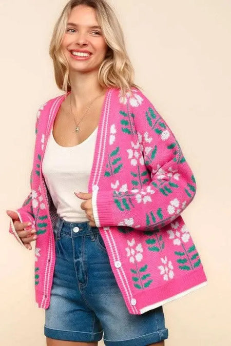 Haptics Full Size Floral Jacquard V - Neck Button Up Cardigan - Sleekdenim.com