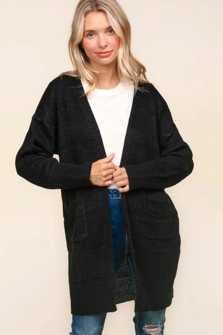 Haptics Stripe Textured Open Front Cardigan with Pockets - Sleekdenim.com