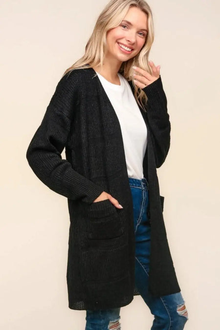 Haptics Stripe Textured Open Front Cardigan with Pockets - Sleekdenim.com