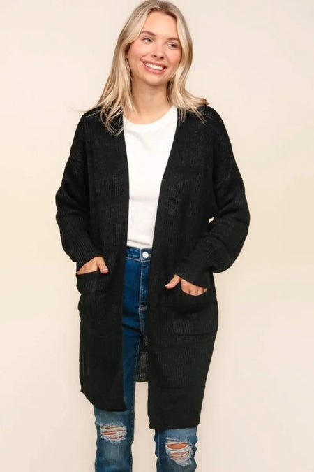 Haptics Stripe Textured Open Front Cardigan with Pockets - Sleekdenim.com