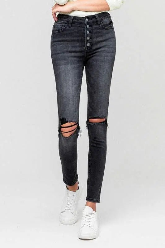 High Rise Distressed Button Fly Ankle Skinny - Sleekdenim.com