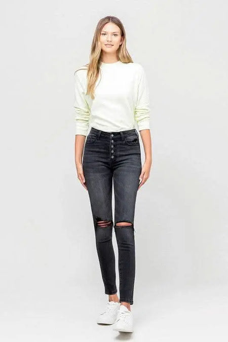 High Rise Distressed Button Fly Ankle Skinny - Sleekdenim.com