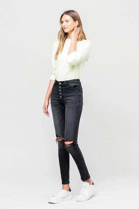 High Rise Distressed Button Fly Ankle Skinny - Sleekdenim.com