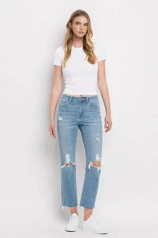 High Rise Distressed Cropped Straight Jeans - Sleekdenim.com