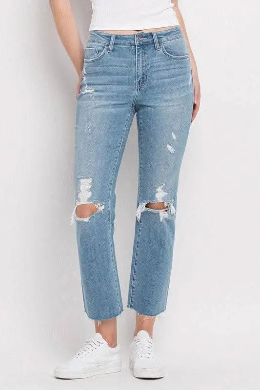 High Rise Distressed Cropped Straight Jeans - Sleekdenim.com