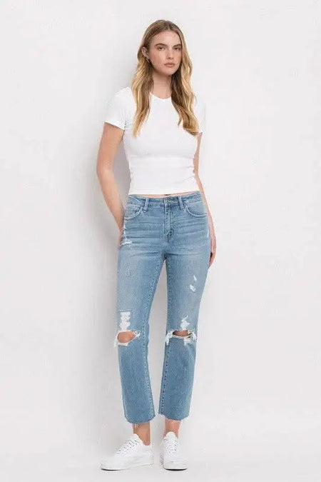 High Rise Distressed Cropped Straight Jeans - Sleekdenim.com