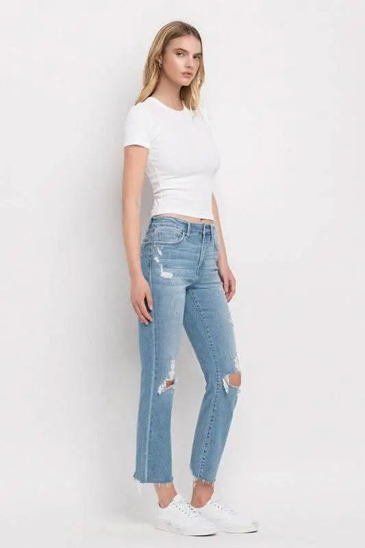 High Rise Distressed Cropped Straight Jeans - Sleekdenim.com