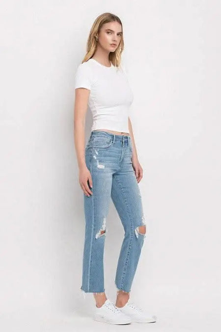 High Rise Distressed Cropped Straight Jeans - Sleekdenim.com