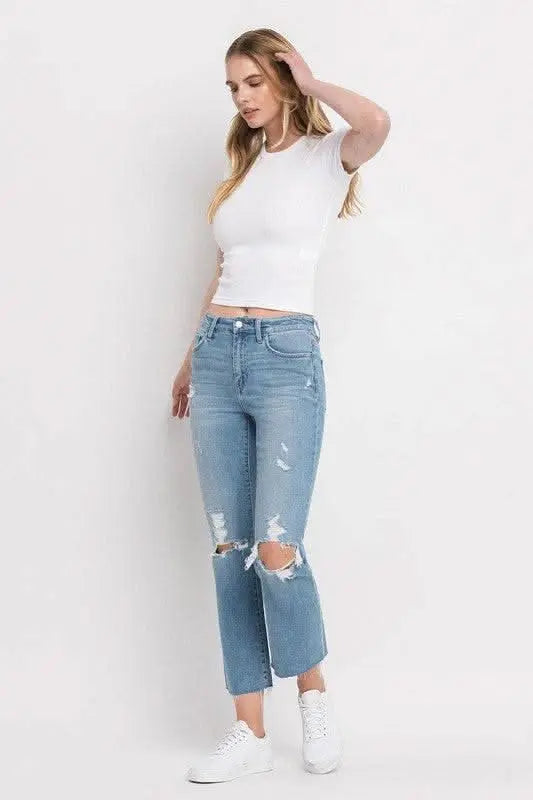 High Rise Distressed Cropped Straight Jeans - Sleekdenim.com