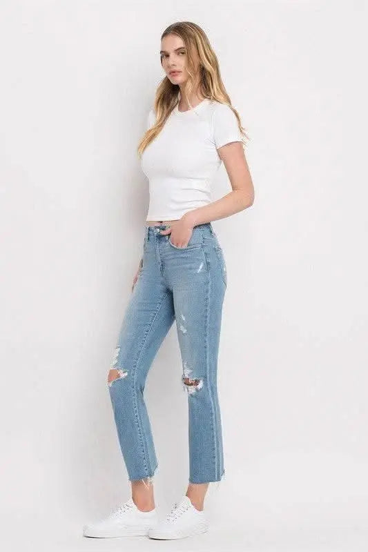 High Rise Distressed Cropped Straight Jeans - Sleekdenim.com