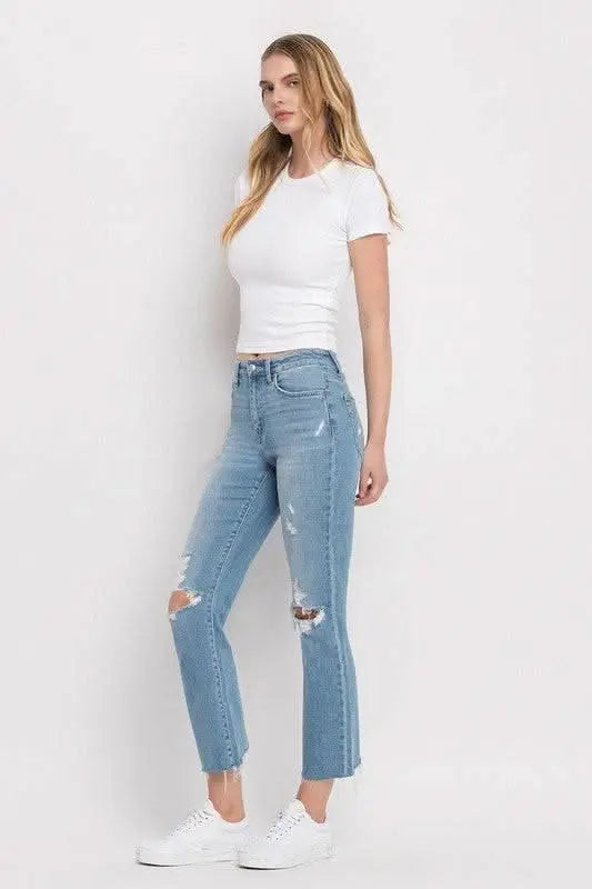 High Rise Distressed Cropped Straight Jeans - Sleekdenim.com