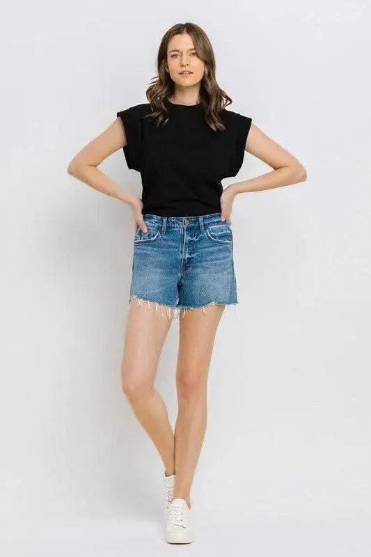 High Rise Distressed Hem A - Line Shorts - Sleekdenim.com