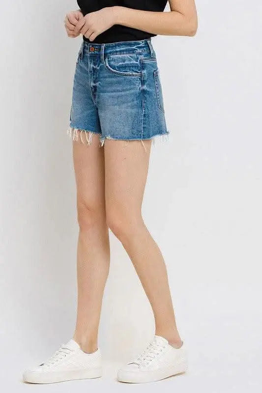 High Rise Distressed Hem A - Line Shorts - Sleekdenim.com