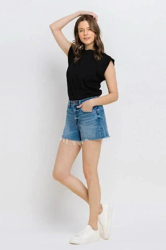 High Rise Distressed Hem A - Line Shorts - Sleekdenim.com