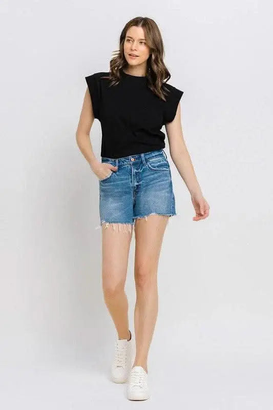 High Rise Distressed Hem A - Line Shorts - Sleekdenim.com