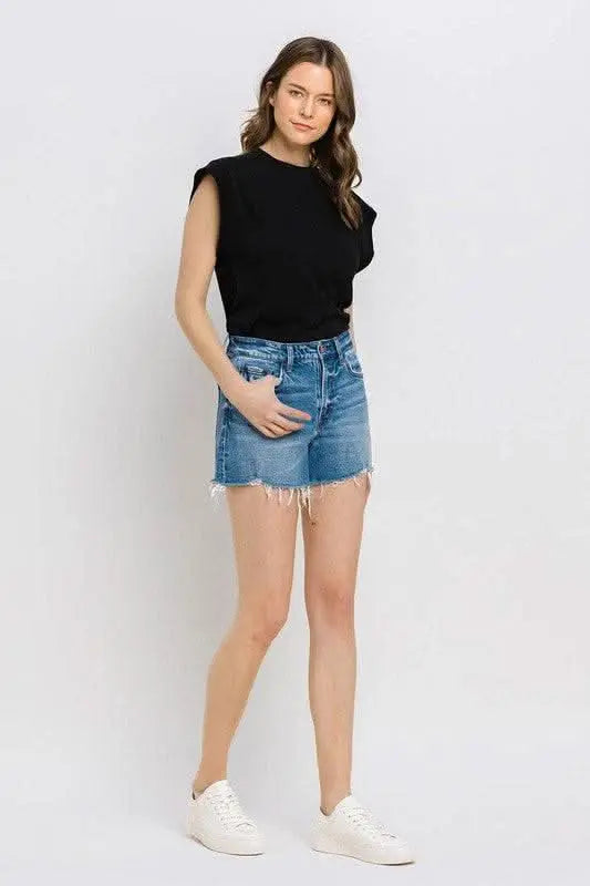 High Rise Distressed Hem A - Line Shorts - Sleekdenim.com