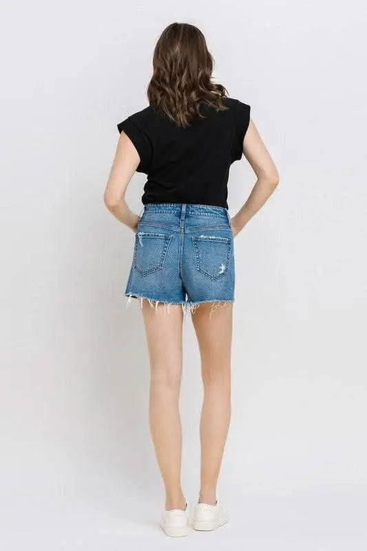 High Rise Distressed Hem A - Line Shorts - Sleekdenim.com