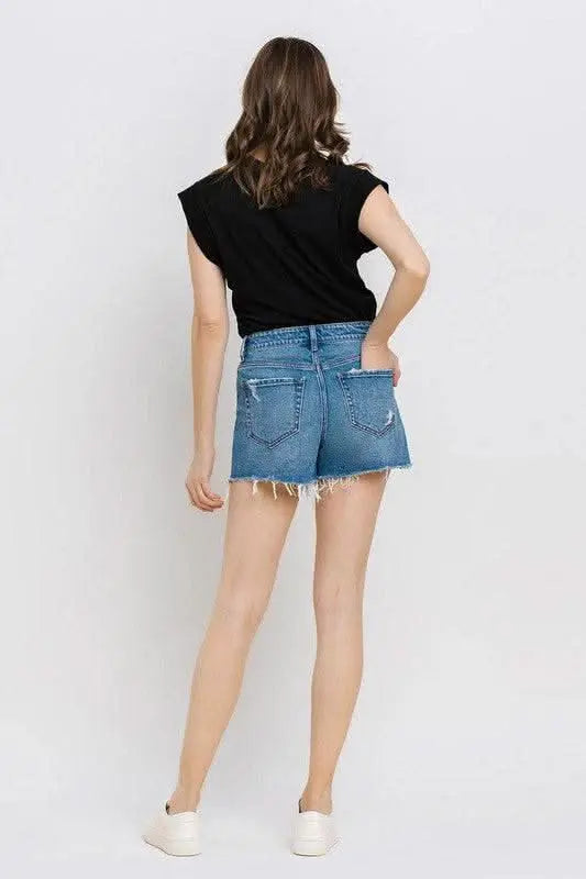 High Rise Distressed Hem A - Line Shorts - Sleekdenim.com