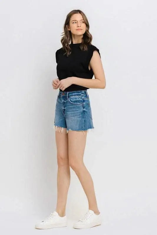 High Rise Distressed Hem A - Line Shorts - Sleekdenim.com