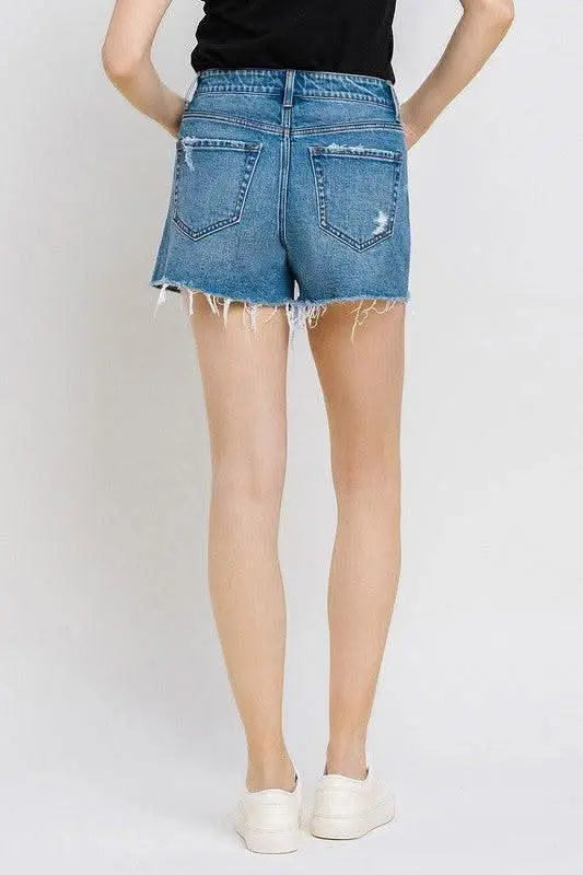 High Rise Distressed Hem A - Line Shorts - Sleekdenim.com