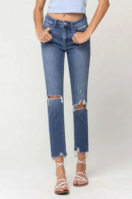 High Rise Distressed Hem Ankle Slim Straight Jeans - Sleekdenim.com