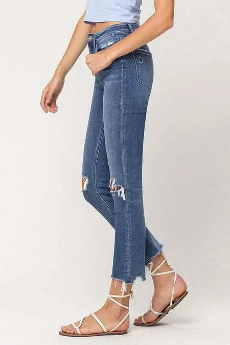 High Rise Distressed Hem Ankle Slim Straight Jeans - Sleekdenim.com