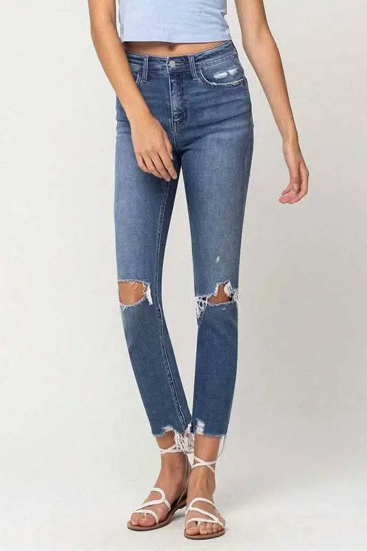 High Rise Distressed Hem Ankle Slim Straight Jeans - Sleekdenim.com