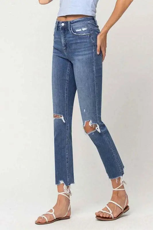 High Rise Distressed Hem Ankle Slim Straight Jeans - Sleekdenim.com