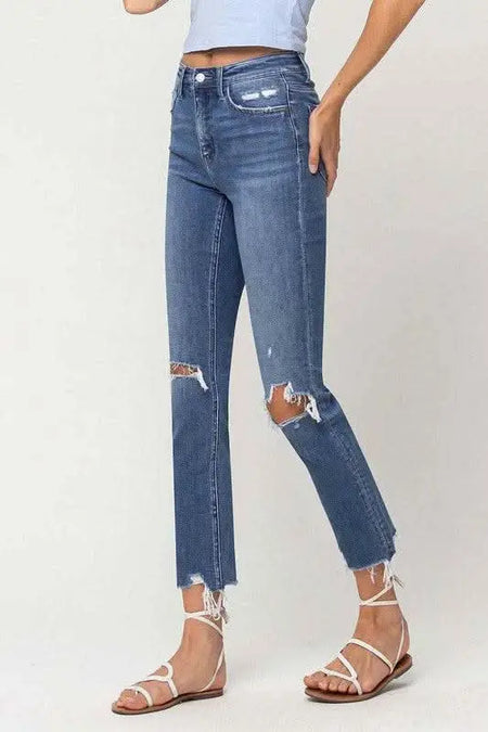 High Rise Distressed Hem Ankle Slim Straight Jeans - Sleekdenim.com