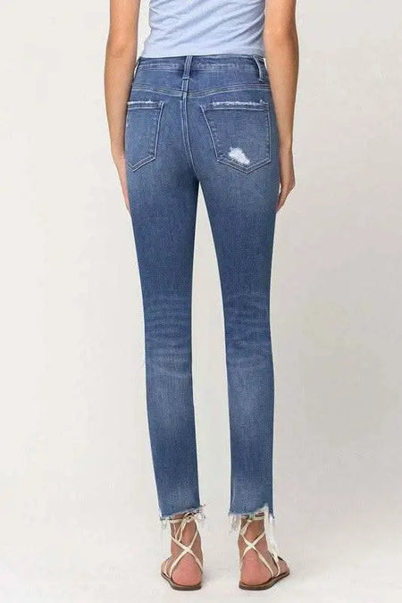 High Rise Distressed Hem Ankle Slim Straight Jeans - Sleekdenim.com