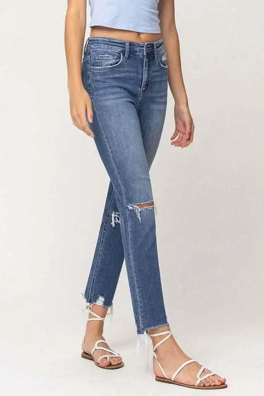 High Rise Distressed Hem Ankle Slim Straight Jeans - Sleekdenim.com