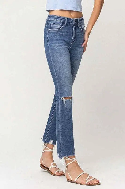 High Rise Distressed Hem Ankle Slim Straight Jeans - Sleekdenim.com