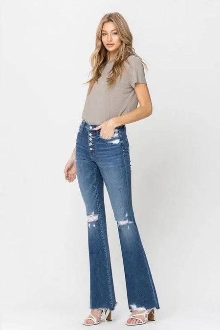 High Rise Distressed Raw hem Flare - Sleekdenim.com