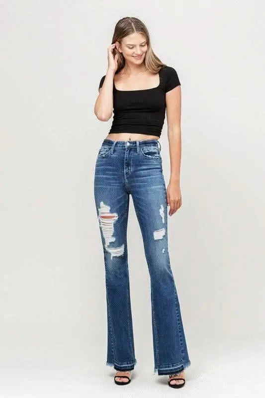 High Rise Distressed Released Hem Flare - Sleekdenim.com