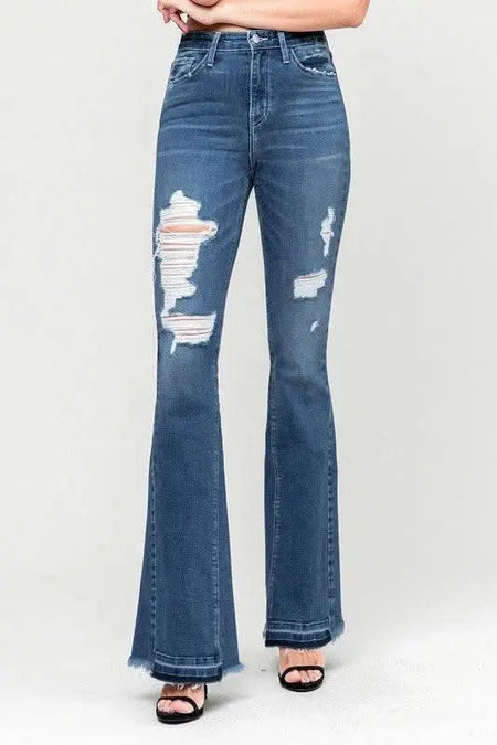 High Rise Distressed Released Hem Flare - Sleekdenim.com