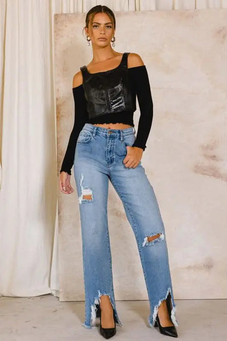 High Rise Distressed Wide Jeans - Sleekdenim.com