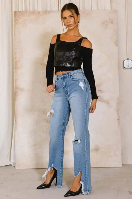 High Rise Distressed Wide Jeans - Sleekdenim.com