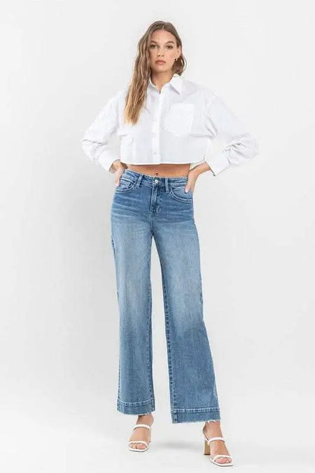 High Rise Wide Leg Jeans with Trouser Hem Detail - Sleekdenim.com