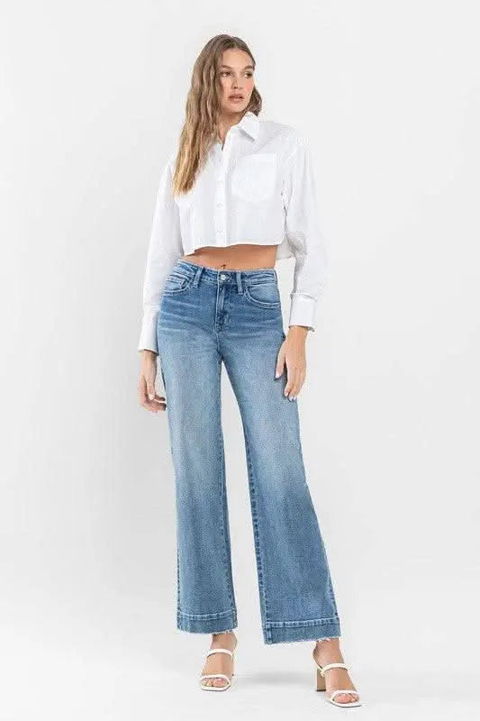 High Rise Wide Leg Jeans with Trouser Hem Detail - Sleekdenim.com