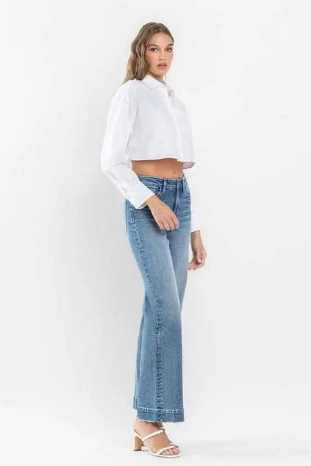 High Rise Wide Leg Jeans with Trouser Hem Detail - Sleekdenim.com