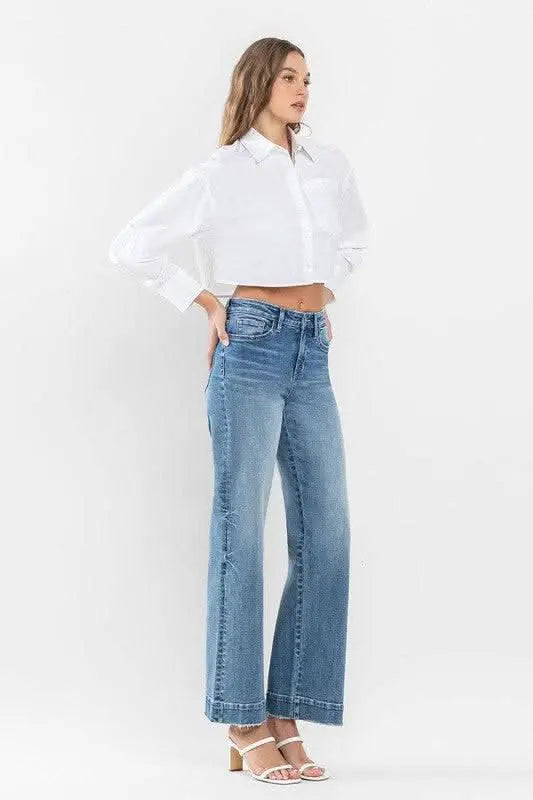 High Rise Wide Leg Jeans with Trouser Hem Detail - Sleekdenim.com