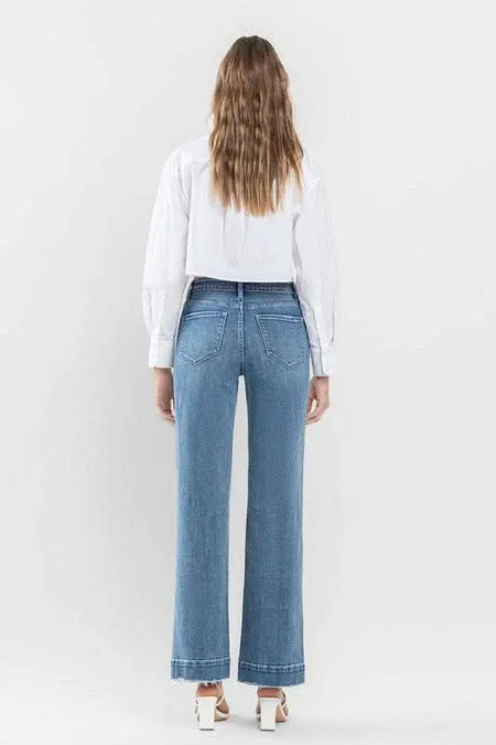 High Rise Wide Leg Jeans with Trouser Hem Detail - Sleekdenim.com