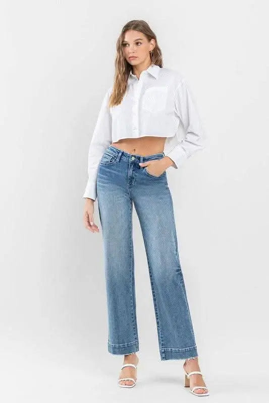 High Rise Wide Leg Jeans with Trouser Hem Detail - Sleekdenim.com