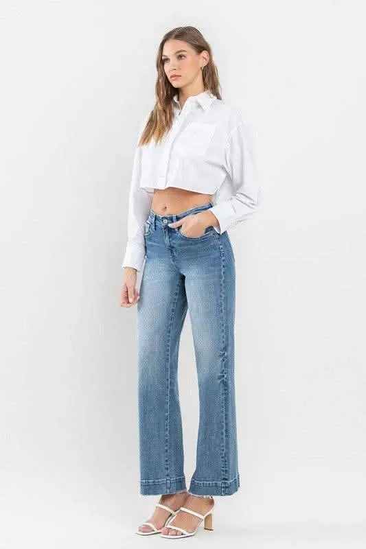 High Rise Wide Leg Jeans with Trouser Hem Detail - Sleekdenim.com